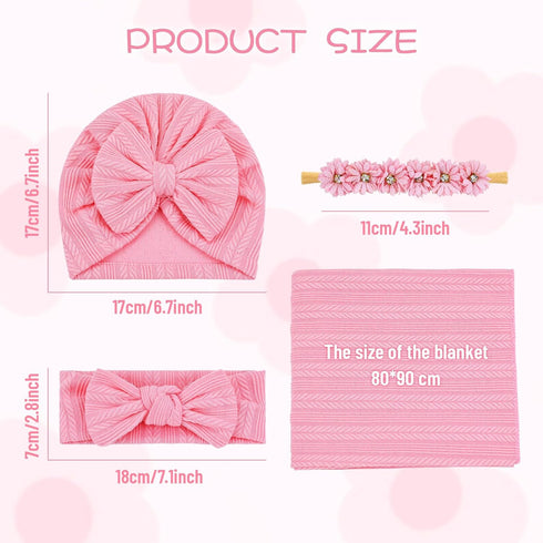 4pcs Cinaci Pink Soft Nursery Newborn Baby Receiving Swaddle Blanket with Matching Turban Hat Bow Headbands Floral
