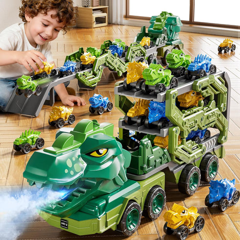 10 1 3-5 4-8 9 5-7 in Dinosaur Truck Toys for Kids Aged with Foldable Race Track, Carrier Truck with Dinosaur Toy Car