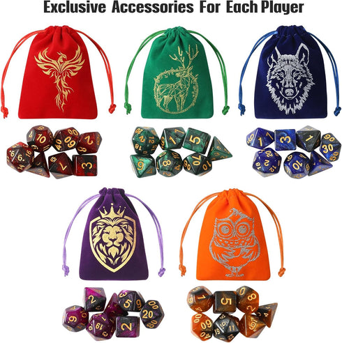 35Pcs DND Dice Set: Polyhedral Dice Sets with 5 Colorful Animal Patterned Dice Pouches