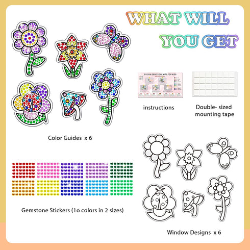 Atydkug Window Gem Art Diamond Kits for Kids, 6 Sheets Flowers Painting Kits for Birthday Party Gifts