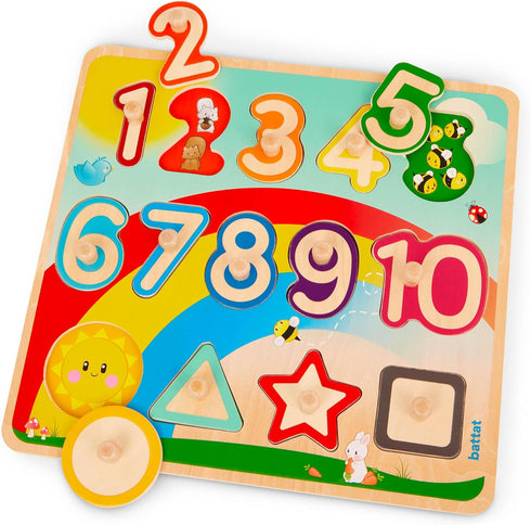 Battat - Wooden Number & Shapes Puzzle - Educational Toy for Kids, 2 Years +