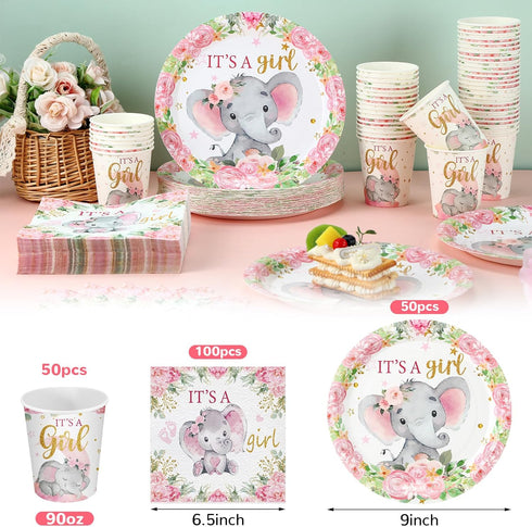 Hushee 200 Pcs Pink Elephant Baby Shower Party Supplies - Paper Plates, Napkins & Cups for 50 Guests