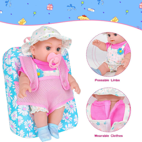 12" Backpack Playset,12 Inch Set 3+ Girls Baby Doll Daisy Theme Carrier Reborn Baby Dolls With Accessories And Clothes