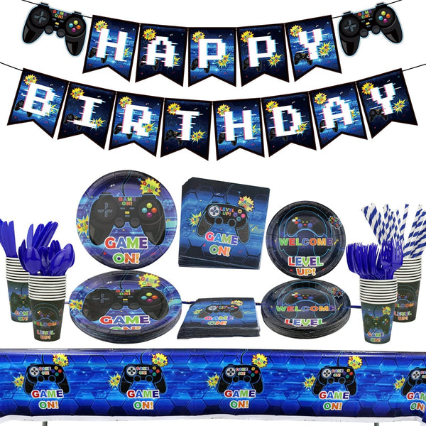 Gamer Birthday Decoration Kit - Video Game Party Supplies for Boys, Includes HAPPY BIRTHDAY Banner, Plates, Cups,