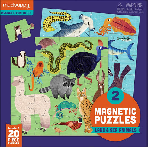 Mudpuppy Land & Sea Animals Magnetic Jigsaw Puzzle - 2 Magnetic Puzzles, 20 Pieces Each, 6.5” x 6.5” - Great for Kids