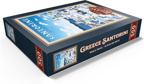 500 MyPuzzle Greece Santorini - in Blue and White, Vintage Travel Poster - Premium Piece Jigsaw Puzzle for Adults