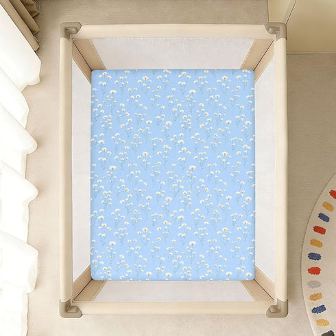 miaozhen 1 Pack 52x28 Cotton Baby Crib Sheets Soft Comfy Daisy Flower Pastel Blue Toddler Mattress Sheet for Nursery