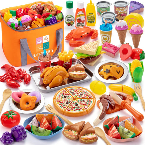 Juboury Pretend Play Food Set for Toddlers, Cutting Toy Food with Storage