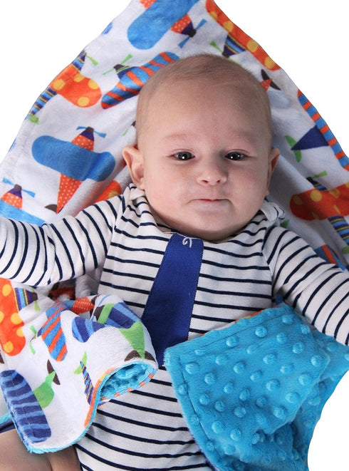 Unisex Baby Reversible Stroller Blanket (Airplane/Turquoise) Minky Dot (Choose Color)