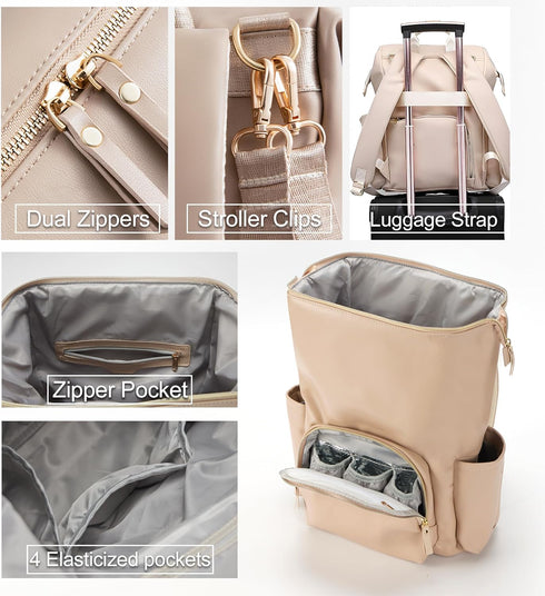 HolaJia Backpack 35L Mommy Faux Leather Diaper Bag with Waterproof Pockets,Stroller Buckle and Changing Pad - Large