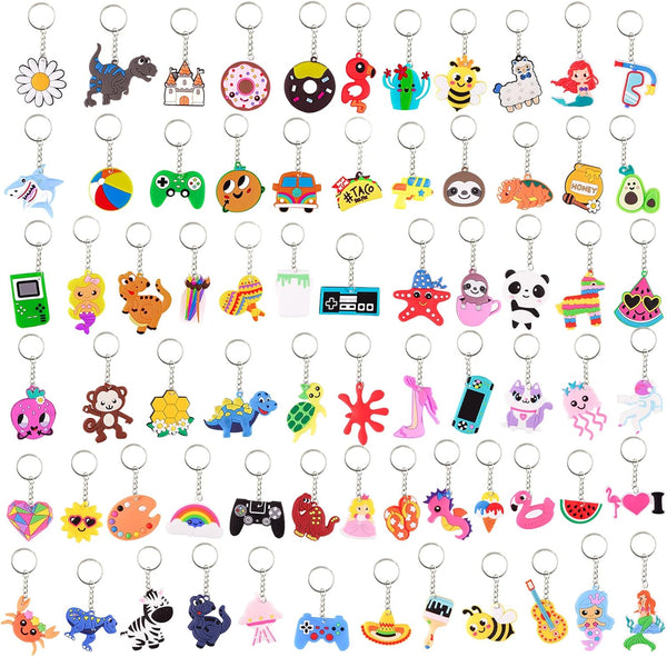 70Pcs Video Game Keychains for Kids Birthday Party, School Party, Dinosaur, Donut, Marine Animal, Mermaid, Rainbow Bulk