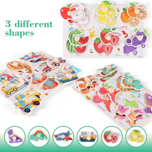 Wooden Peg Puzzles for Toddlers 1-3, Educational Preschool Peg Puzzle Toy Set of 3 - Traffic, Dinosaur, Fruit