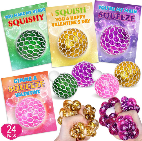 SpringFlower 24 Pack Valentines Day Card,Valentines Day with Squeeze Stretch Fidget Toy