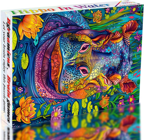 Bgraamiens Puzzle-Hippo in Water-1000 Pieces Rectangle Puzzle Hippo in Water Wild Animal Theme Color Challenging Beautiful Jigsaw Puzzles for Adults and Kids(Hippo in Water)
