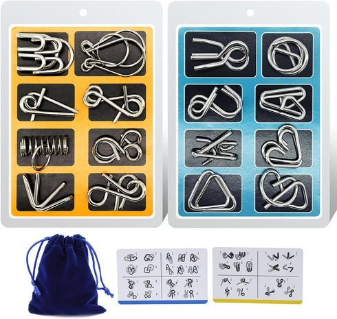 Metal Wire Puzzle 16-Piece Set with Pouch – IQ Test Brain Teaser Fidget Toy for Kids & Adults