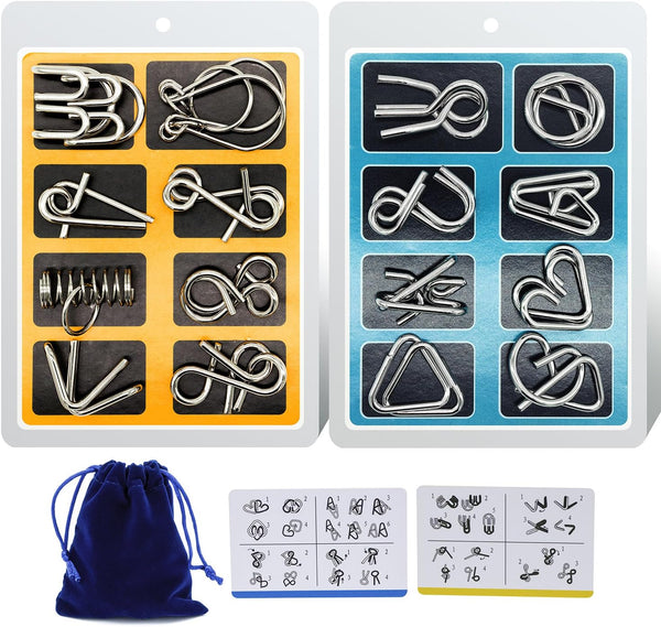Metal Wire Puzzle 16-Piece Set with Pouch – IQ Test Brain Teaser Fidget Toy for Kids & Adults