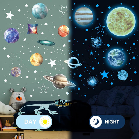 Glow in The Dark Stars and Planets for Ceiling, Glow Solar System Wall Stickers, Space Wall Decals for Kids Boys Room