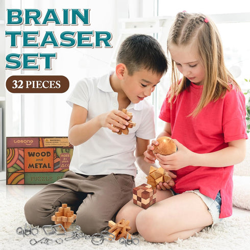 32pack Brain Teaser Wooden Metal Puzzles - Easter Gifts for Kids Teens Brain Teaser Disentanglement Iron Link Unlock