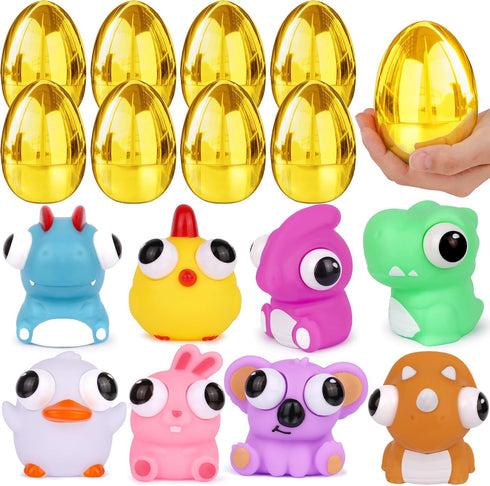 FLYSNK 8 Pack Jumbo Golden Easter Eggs Fillers with Eye-pop Fidget Stress Toys, Easter Basket Stuffers Fillers Large