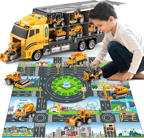 TEMI Toddler Toys for 3-6 Years Old Boys, Die-cast Construction Car Carrier Vehicle Toy Set with Play Mat