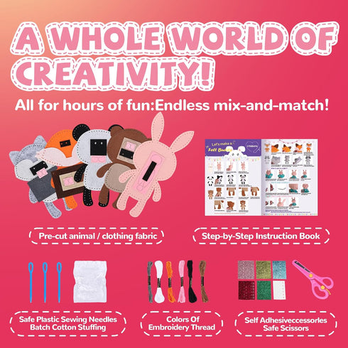 5 Cymbana Kid Sewing Craft Kit to Make a Friend for Beginner Felt Craft Learn to Sew, Panda Fox Bunny Raccoon Bear