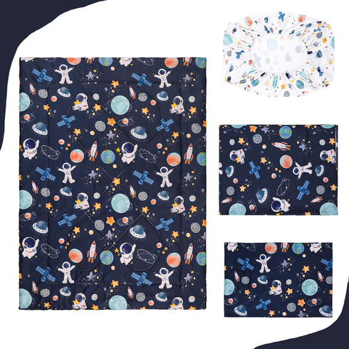 4 Set, Sets Piece Toddler Bedding Ultra Soft and Breathable Cartoon Space Toddler Comforter for Boys Includes Quilted