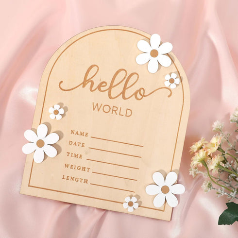 Wooden Hello World for Baby Showers - Newborn Birth Announcement Board,Daisy Wooden Baby Milestone Card,Welcome Baby