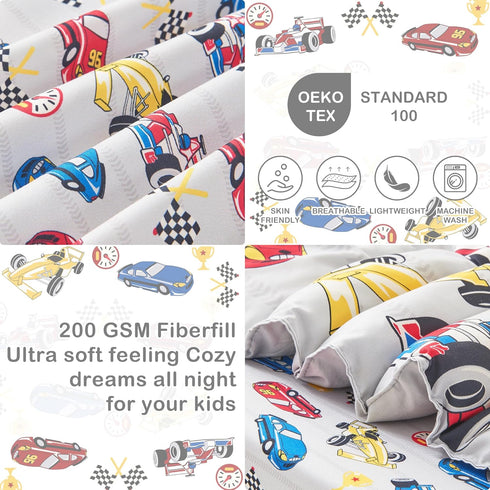 4 Set Sets Mooreeke Pieces Toddler Bedding - Soft Race Cars Toddler Comforter for Girls, Includes Quilted Comforter