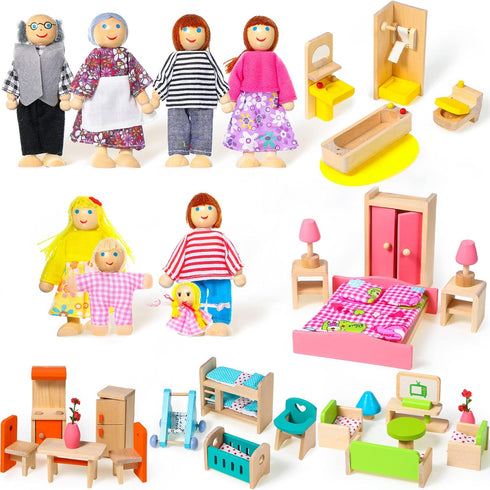 Civaner 52 Pcs Wooden Dollhouse Furniture Set - Miniature Doll House Accessories for 1:12 Scale Dolls