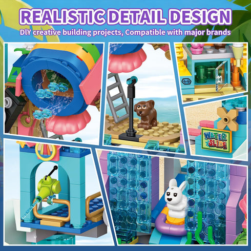 1150Pcs Set, Summer Swimming 6-12+ WinGift Friends Water Park Building STEM Fun Party Toy with Pool Slides,Water