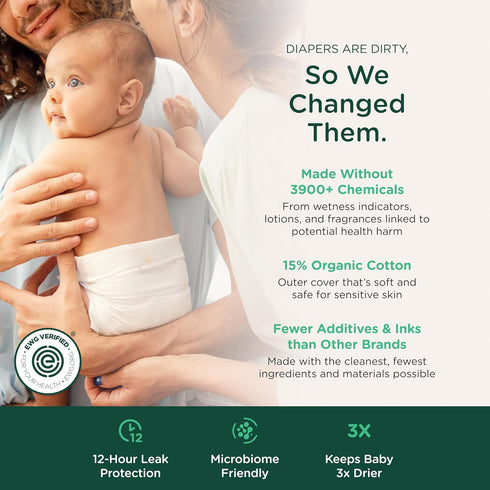 (<10 lbs) 32 Count 12-Hour Our Diapers | The First EWG Verified & Microbiome-Friendly Diaper | Size NB | Leak