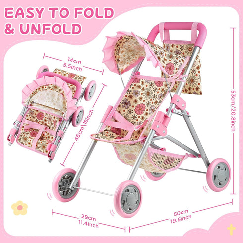 3+, GAGAKU Baby Doll Stroller, Foldable Toy Stroller with Storage Basket and Bag, Diaper, Reborn Doll Accessories