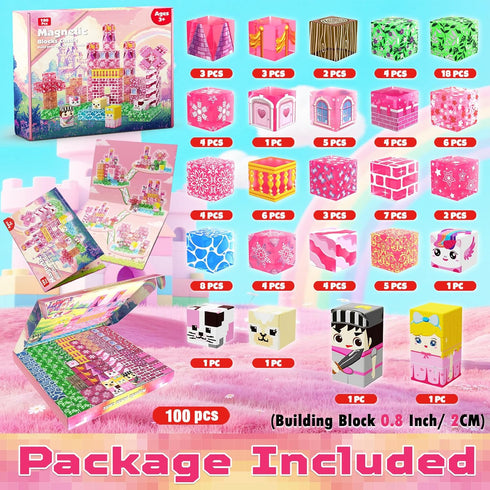 100 Sets, 3 4 5 6 7 8-12 Magnetic Blocks - PCS Transparent Magnetic Building Block for Kids, Pink Princess Castle