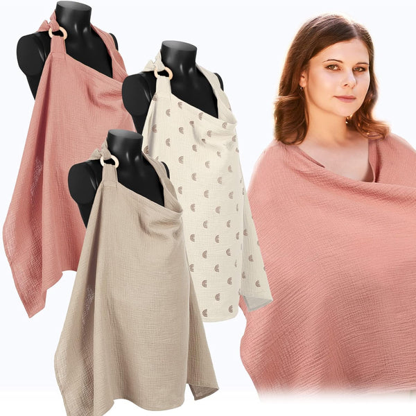 Treela 3 Pcs Muslin Cotton Breathable Nursing Cover Multi Use Car Seat