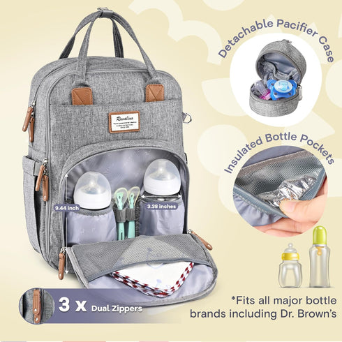 Backpack-Multifunction RUVALINO Diaper Bag Travel Baby Diaper Bag with Changing Pad, Insulated Bottle Holders