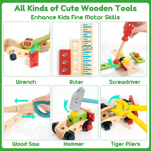 Bravmate Toddler Tool Set with Portable Tool Box & DIY Stickers, Wooden Kids Tool Sets for Boys Girls Age 2-4