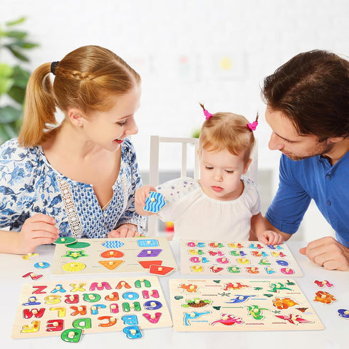 Montessori Wooden Peg Puzzles, 4 Pcs Educational Toys for Toddlers 2-5 Years, Alphabet, Shape, Number, Dinosaur Gifts