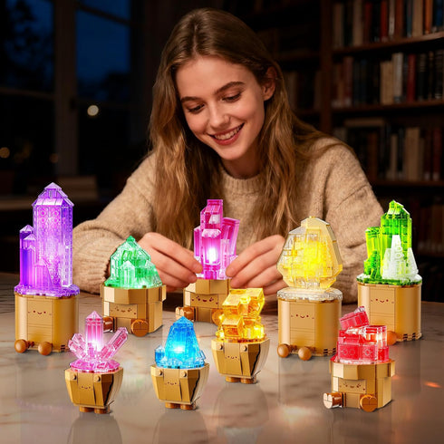 9 Pack Set 1170PCS CUBIMANA Easter Party Favor Mineral Mini Building with LED Light, Crystals Flower Bonsai Block Toy