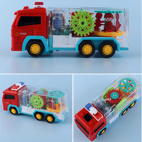 Light Up Sensory Car Toy for Kids, Transparent Gear Fire Truck with Colorful Moving Gears, Music and Lights