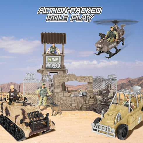 Playset Army Toys, Kids Military Battle with Army Men Action Figures, Army Vehicles, Tank, Truck, Boat, Motorcycle