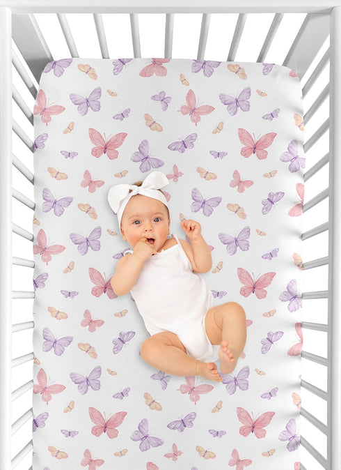 Sweet Jojo Designs Fitted Baby Crib Sheets (Pink and Purple Shabby Chic Butterfly) for Girls, Infant Nursery, Toddler