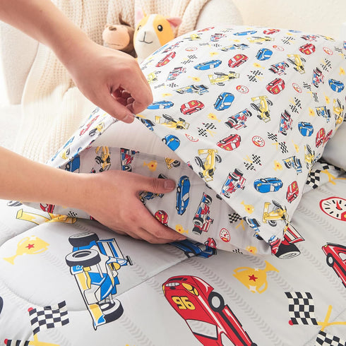4 Set Sets Mooreeke Pieces Toddler Bedding - Soft Race Cars Toddler Comforter for Girls, Includes Quilted Comforter