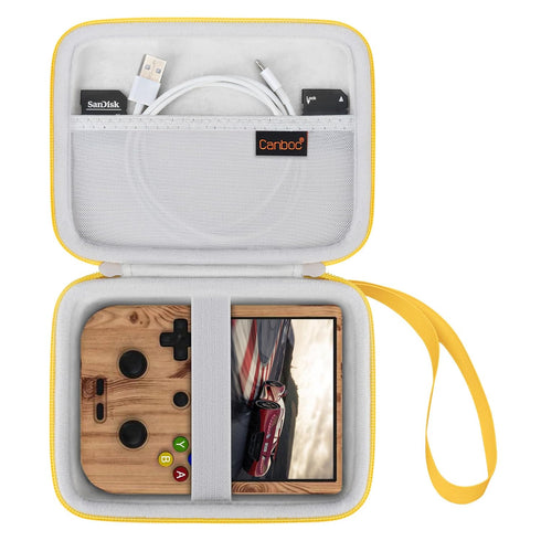 Canboc Carrying Case for Anbernic RG405V Retro Handheld Game Console, Yellow Storage Box with Mesh Pocket for Cable, SD