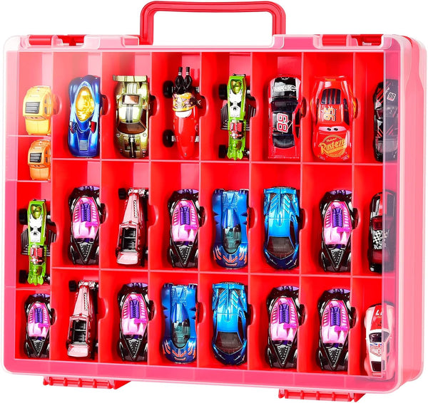FULLCASE Toys Organizer Storage for Hot Wheels Cars, Double Sided Carrying Box with 48 Compartments (Box Only) Red