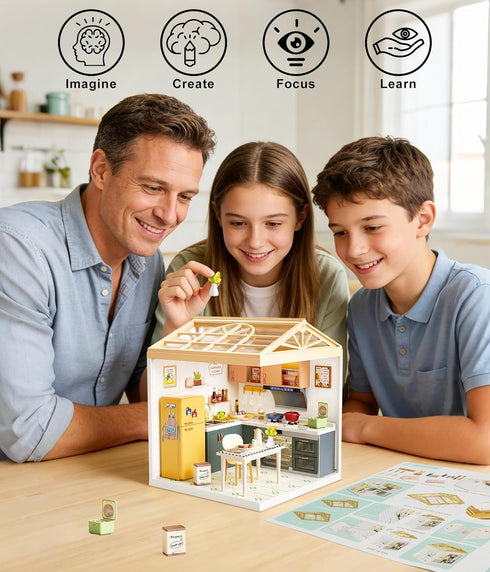 Cozy Set Immersive DIY Miniature Kitchen Dollhouse Kit with LED Light, Dust-Proof Door & Roof - Home Cooking Room