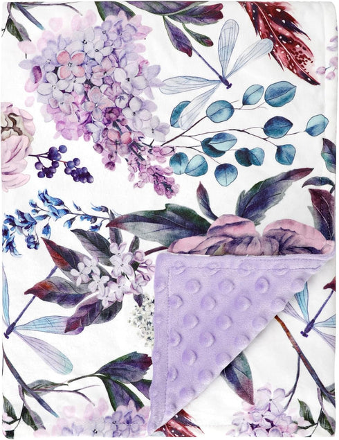 Set Purple Baby Blankets, Minky Toddler Blanket for Boys Girls, Wisteria Floral Nursing Pillow Cover, Nursing