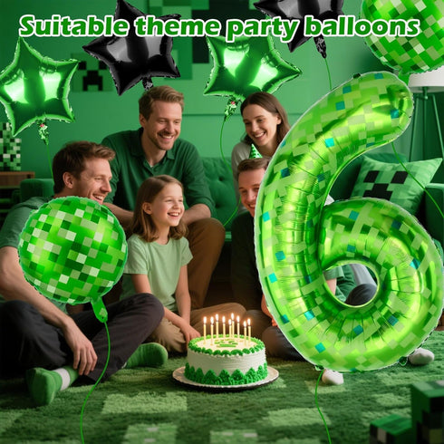 AXBMM 40 Inch 6 Set 6) Green Pixel Themed Number Balloon Foil Balloon for Girls & Boys Birthday Party Decorations