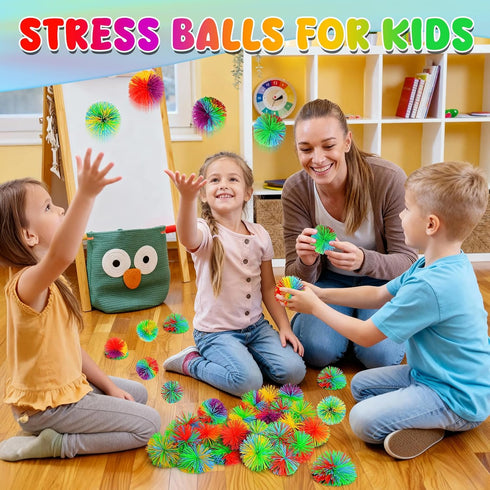 24 2.75 inch SHQDD PCS Stringy Balls, Sensory Stringy Ball, Soft Rainbow Pom Bouncy, Basket Stuffers Fillers, Monkey