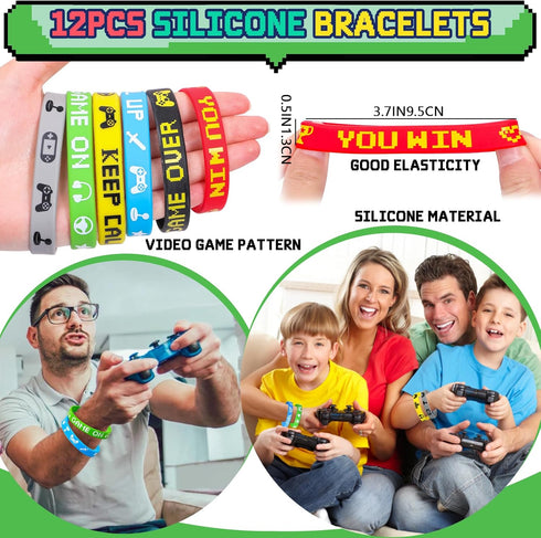 Winrayk 12 Set Video Game Party Favors - Gaming Drawstring Bag, Silicone Bracelet, Glow In The Dark Tattoo