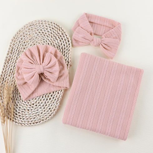 OMUKY Newborn Receiving Blanket, Bow Headband and Beanie Set, Baby Swaddle Wrap for Boys and Girls, Pink